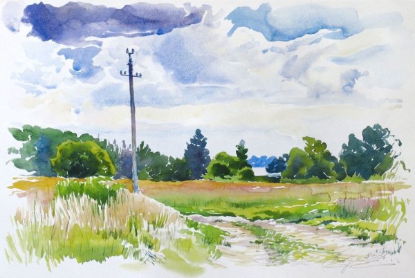 Пленер Этюд акварелью деревня