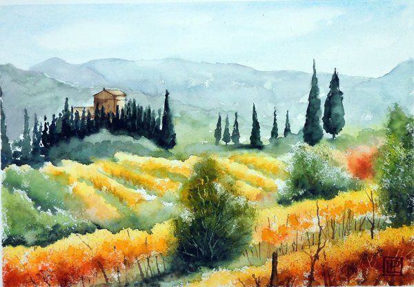 Тосканский пейзаж акварель