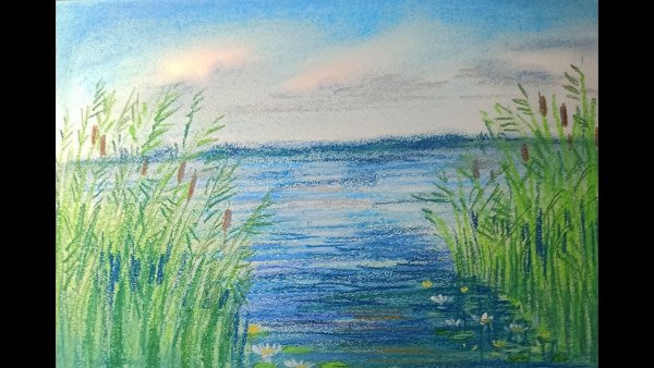 Пейзаж озеро пастелью