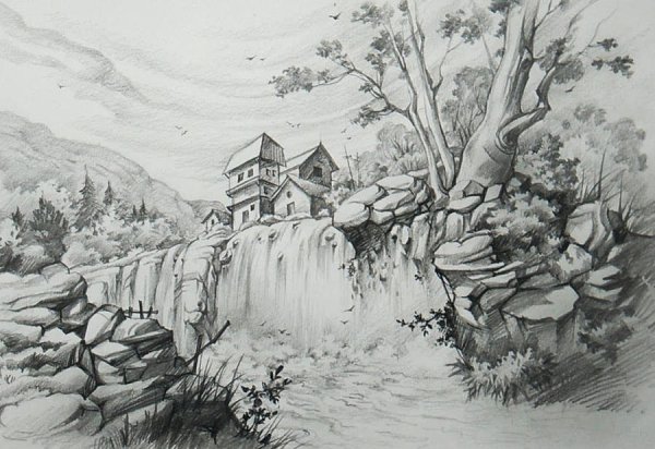 Пейзаж рисунок карандашом