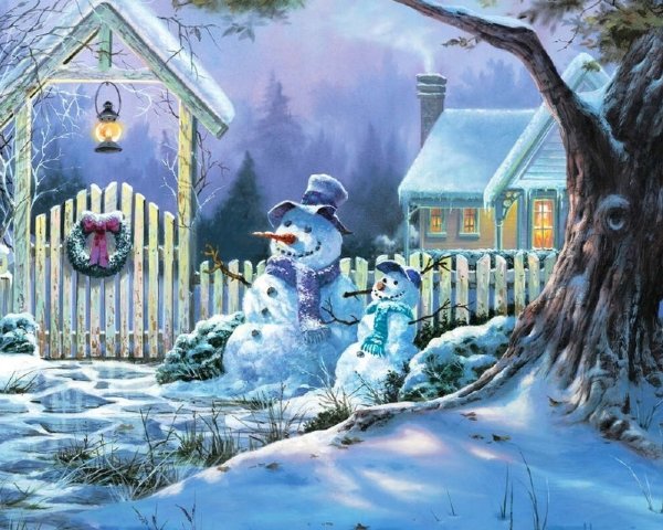 Зимний домик со снеговиком