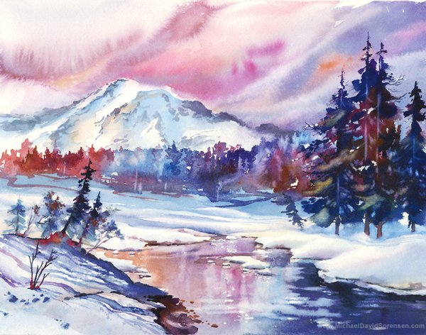 Горы зима акварель