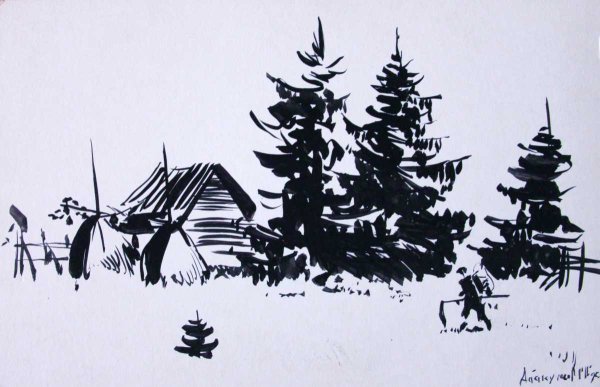 Линогравюра сосна