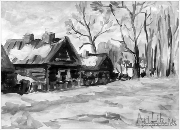 Гризайль пейзаж деревня