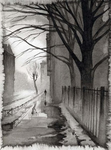 Гризайль акварелью пейзаж