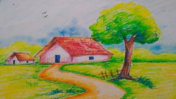 Деревенский пейзаж акварелью