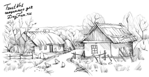 Сельский пейзаж цветными карандашами