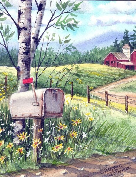 Сельский пейзаж гуашью