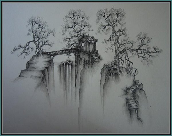 Японский пейзаж карандашом