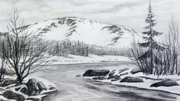 Весенний пейзаж карандашом