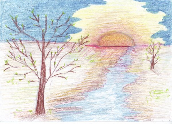 Летний пейзаж цветными карандашами