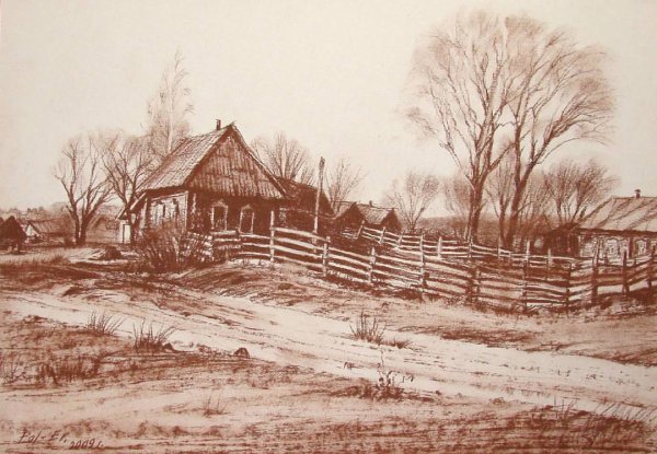 Гризайль пейзаж деревня