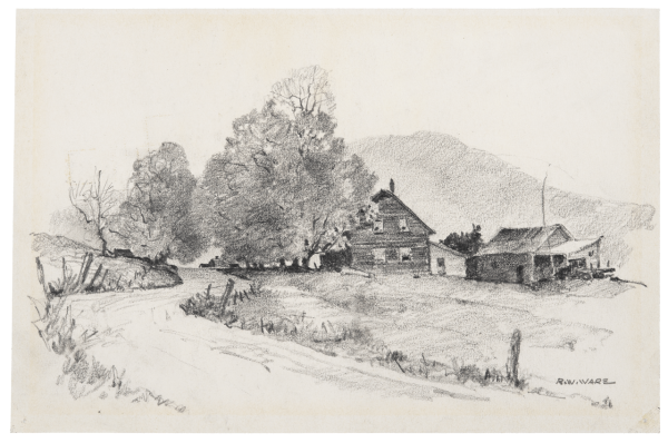 Черно-белый деревенский пейзаж