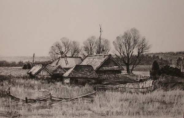 Деревенский пейзаж в графике