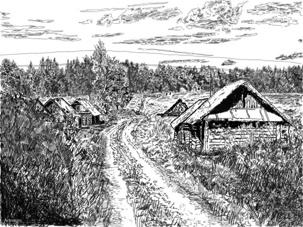 Графический пейзаж с домиком