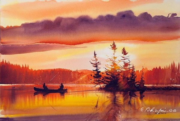 Вечерний пейзаж акварелью