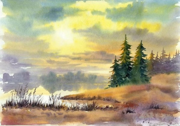 Утренний пейзаж акварелью