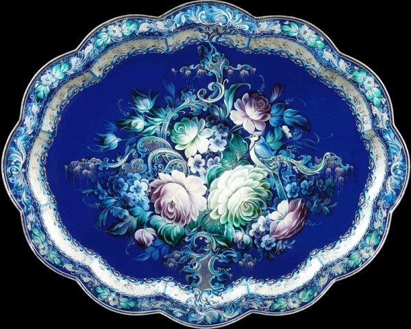 Жостовская роспись синий поднос