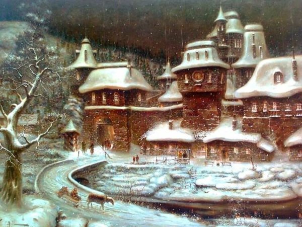 Зимний домик маслом