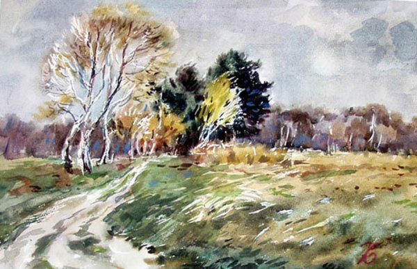 Хмурая осень акварель