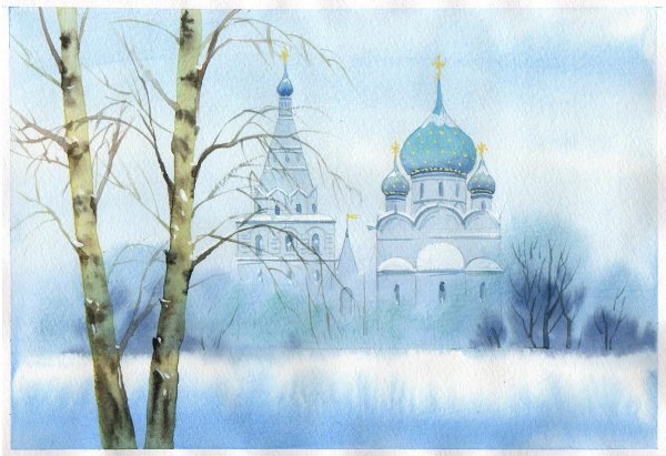 Пейзаж с Церковью акварелью