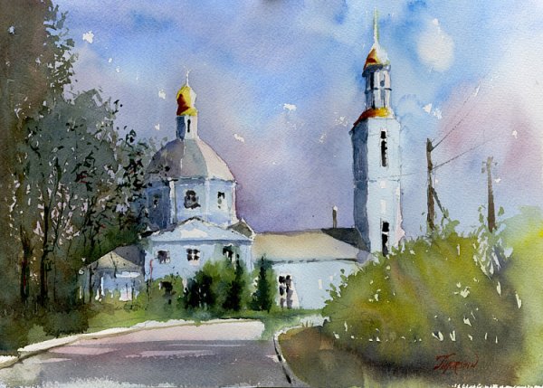 Трушникова пейзаж Церковь акварель