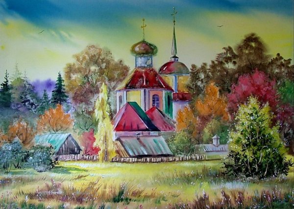 Пейзаж с Церковью акварелью