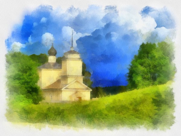 Зарисовка пейзажа с храмом