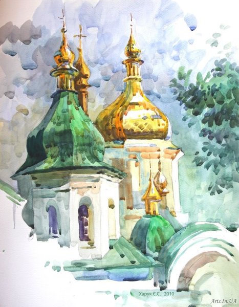 Трушникова пейзаж Церковь акварель