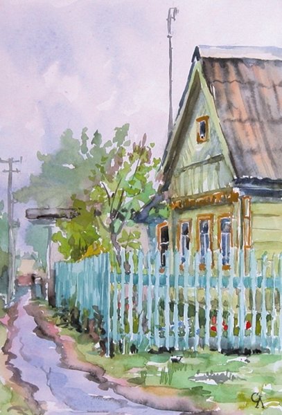 Деревенский пейзаж красками