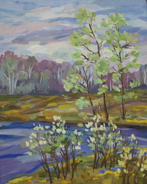 Весенний пейзаж гуашью горизонтальный