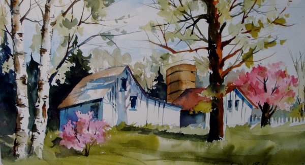 Весенний пейзаж гуашью