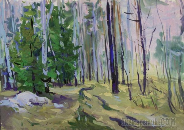 Весенний пейзаж гуашью