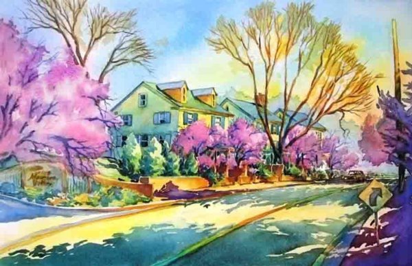 Весенний пейзаж акварелью легкий