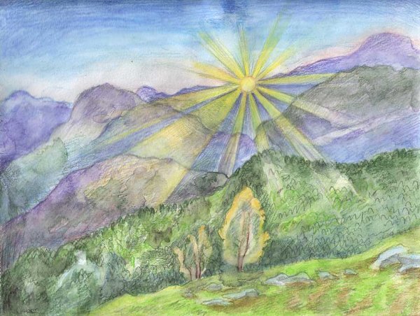 Пейзаж разноцветными карандашами