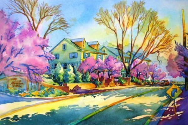 Весенний пейзаж цветными карандашами