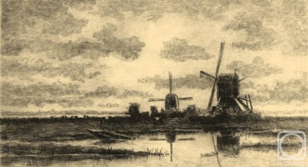 Пейзаж с мельницей и коровами