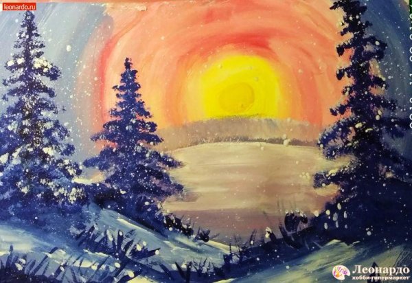 Зимний пейзаж гуашью для детей