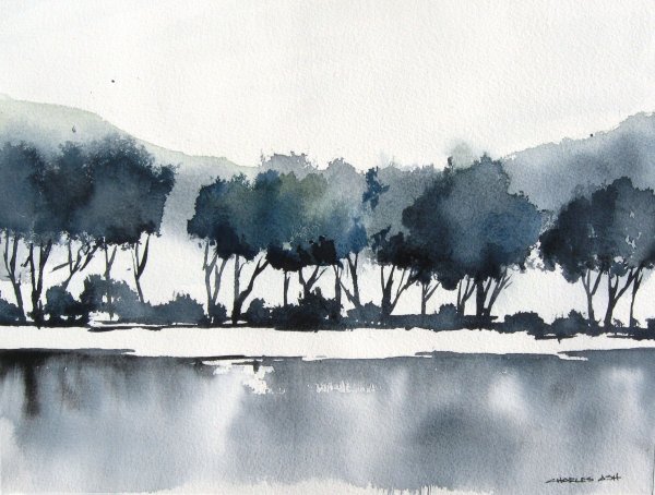 Пейзаж черной акварелью