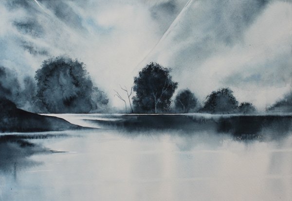 Монохромный пейзаж акварелью