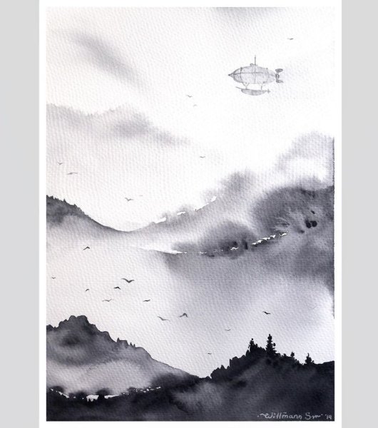 Монохромный пейзаж акварелью