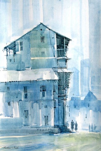 Монохромный пейзаж акварелью