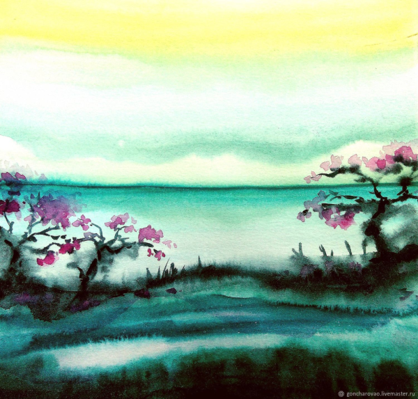 Картина гуашью пейзаж с сакурой