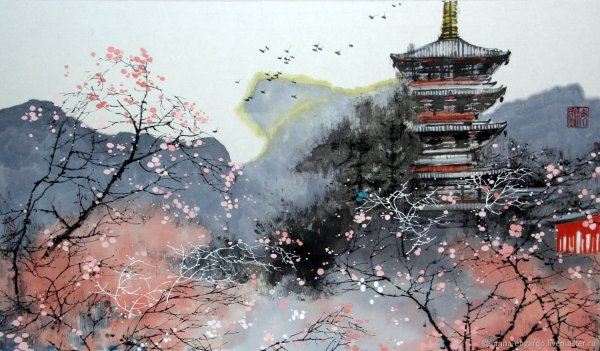 Японская традиционная Суми-э живопись. Гора Фудзи, Сакура