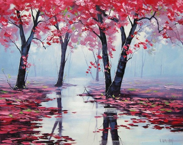 Пейзаж с сакурой гуашью