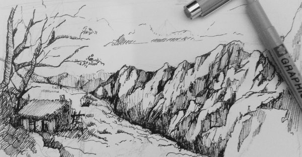 Пейзаж черной ручкой