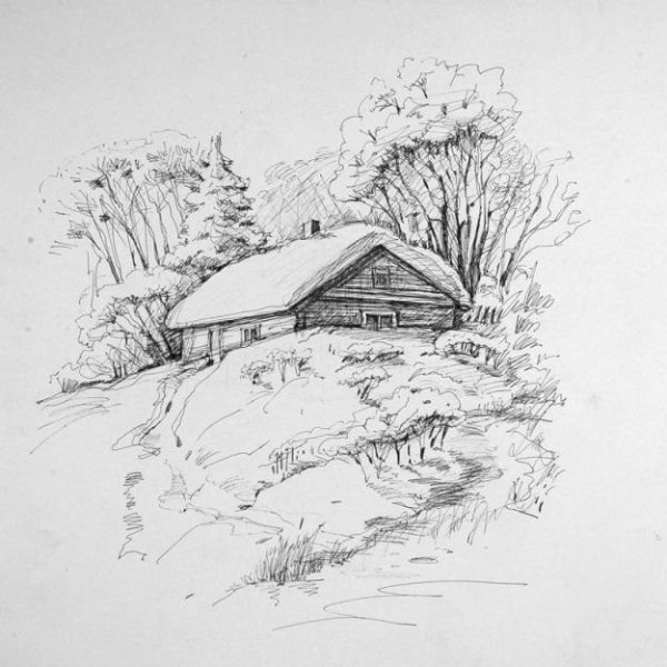 Деревенский пейзаж гелевой ручкой