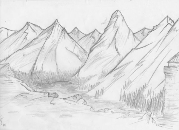 Горный пейзаж карандашом