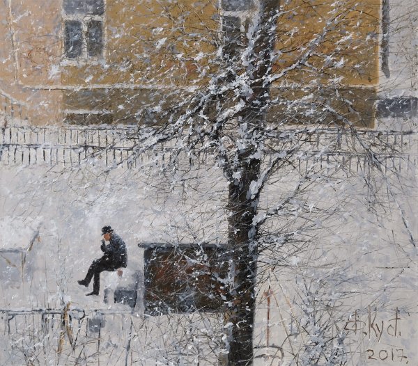 Первый снег в городе живопись