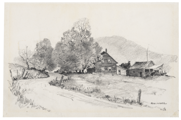 Черно-белый деревенский пейзаж